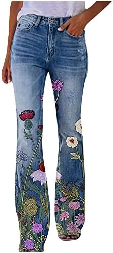 Womenените обични фармерки со широки нозе со високи половини, директно баги фармерки, тексас панталони, одблесоци, дното лабаво цветни
