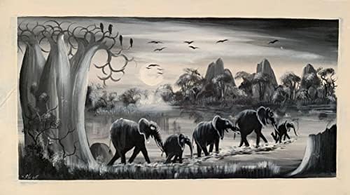 Елефанот црно -бело оригинално сликарство на масло и wallидна уметност од Африка со наслов „Собирање на семејство на слонови“ уникатна рустикална африканска живот?