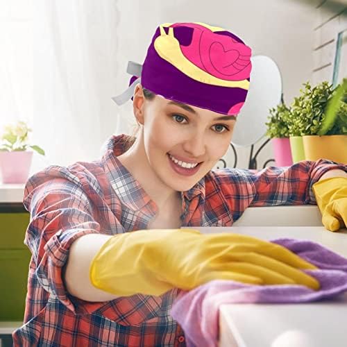2 парчиња розови жолти полжави срце Виолетова позадина Работна капа со копчиња долга коса, прилагодливо капаче за чистење со џемпер со џемпер