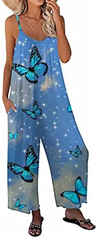 Женски печати за печатење на пеперутки, широко распространети широки нозе долги панталони, лабави без ракави, со џебови со џебови