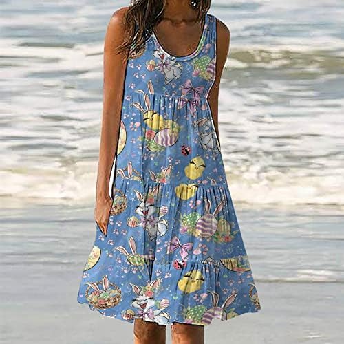 Облечи за велигденски јајца од жени 2023 летни обични фустани за миди плажа руфли, без ракави без ракави, бохо фустан од бохо