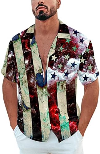 HDDK 4-ти јули машкото копче за маж надолу со кошули лето кратки ракави патриотски редовни-прилагодени обични плажа Хавајски врвови