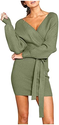 Lookea џемпер фустан за жени V-вратот секси коктел Батвинг плетен долг ракав V-врат секси колк обвивка плетен џемпер мини фустан