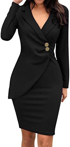 Официјални фустани за жени - Облека за блејзер на вратот за работа со долг ракав Бодикон колено должина Миди деловна канцеларија