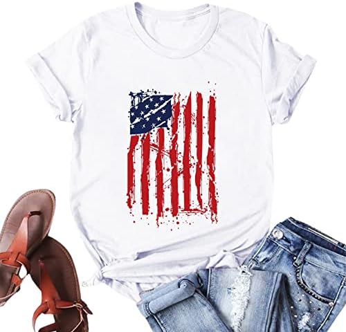 Патриотски кошули за жени маички со американско знаме, обични летни врвови, кратки ракави, патриотски удобни лабави блузи врвни блузи