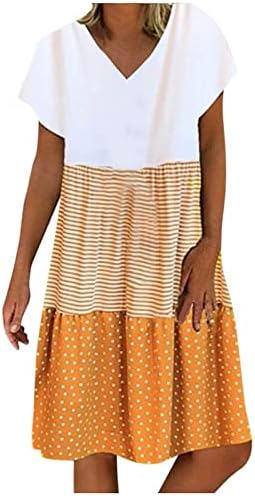 Womenените летни туники маички фустан мода во боја блок полко -точка фустан за печатење бохо краток ракав против вратот плажа