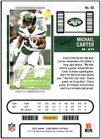 Мајкл Картер 2022 Панини Кантини за сезонски билет 92 nm+ -MT+ NFL Football NY Jets