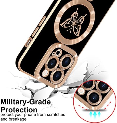 Магнетна кутија Лафунда за iPhone 14 Pro Case за жени девојки [компатибилен со Magsafe] [Заштита на камера] Bling Cute Butterfly