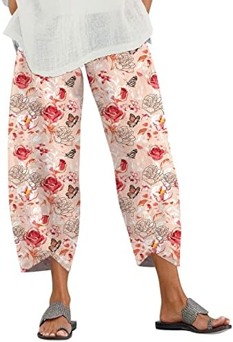 2023 памучни панталони со постелнина, обични широки нозе лабави се вклопуваат цветни печатени јога каприс удобни модни исечени