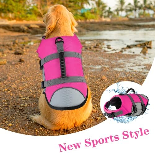 Mklhgty Dog Life Jacket, рефлексивен и прилагодлив животен век на кучиња со рачка за спасување за пливање и пловење, зачувач