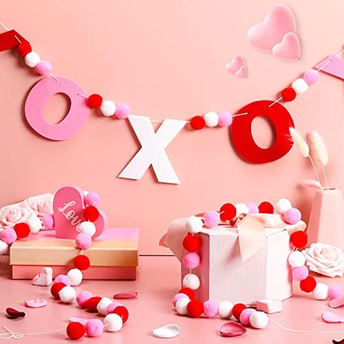 3 Парчиња Валентин XOXO Почувствува Топка Венец, 10Ft Почувствував Пом Пом Гарланд Вљубените Украси Топката Венец Банер За Вљубените
