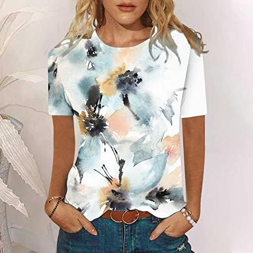 Дами врвови и блузи 2023 летен краток ракав тркалезен врат пулвер трендовски обични цветни печатени лабави маички кошули