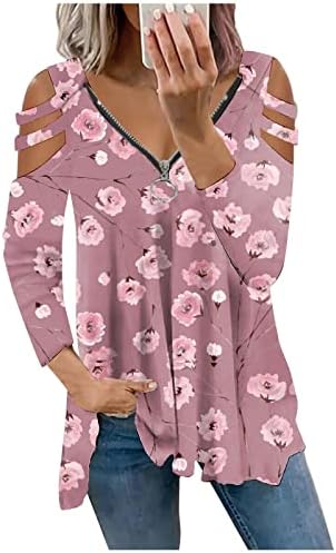 Женски обичен V-врат од рамото тенок фит-пулвер џемпер со долги ракави цветни печатени врвни маици блузи