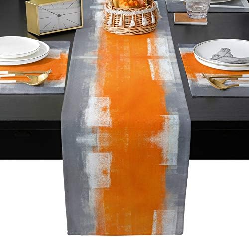 Портокалови сиви пласмати сет од 6 со тркачи на табели долги 70 инчи, не -лизгачки трпезариски трпезариски трпезарии, апстрактни уметнички