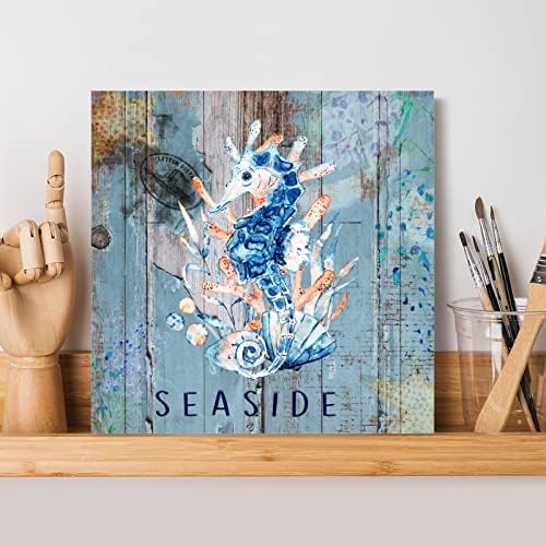 Дрво знаци Наутички крајбрежен морски коњски коњи, виси wallид знак сина дрвена штица христијански домашен wallид декор океански морски живот