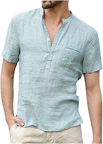 Машки постелнина Хенли кошули Обични маички со кратки ракави со летни плажа летни плажа врвови со џебови