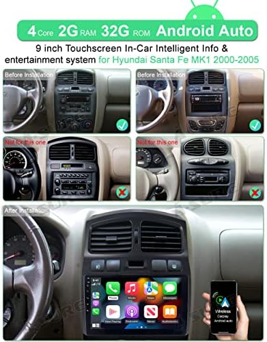 ASURE 9 Автомобил Стерео ГПС Навигација Единица За Hyundai Санта Фе 2000-2005,4 Јадро 2+32GB Андроид 10 Со Безжичен Carplay,Android Auto, SWC, 1280x720 Екран На Допир Мултимедијални Радио Плеер