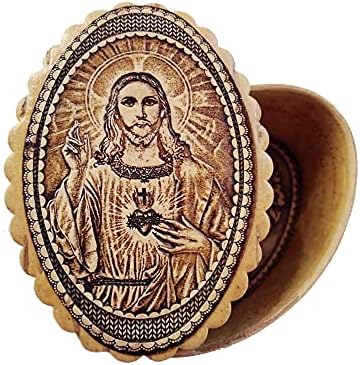 Ископско кутија Свето срце на Исус Бреза кутија Дрвена, икона за бреза за молитвени мониста прстени накит кутија 2 3/4 инчи