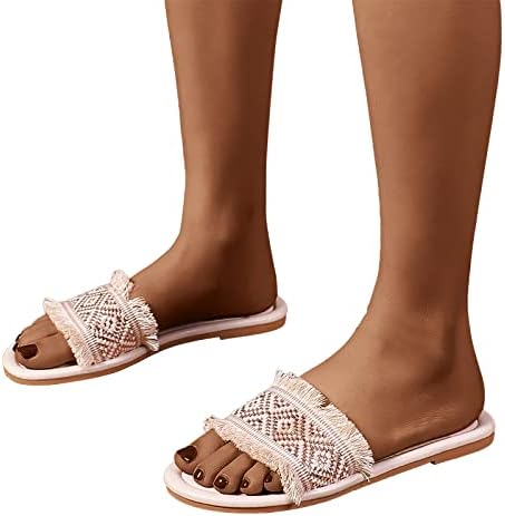 Сандали на Yhiwu за жени се облекуваат летни модни модни лизгања на ткаени рамни сандали за дишење, кои се наоѓаат на отворено отворено пети,