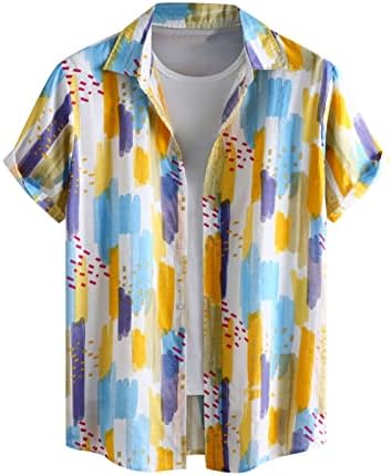 Маици за магии Xiloccer за мажи, машки летни кошули со сингл на градите, обични печатени лапел плажа со краток ракав одмор на отворено кошули