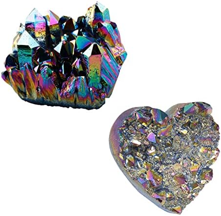 Sunyik пакет од 2 виножито аура титаниум обложена кристална кластер и титаниум облик на титаниум облик на срцев облик на срцев примерок