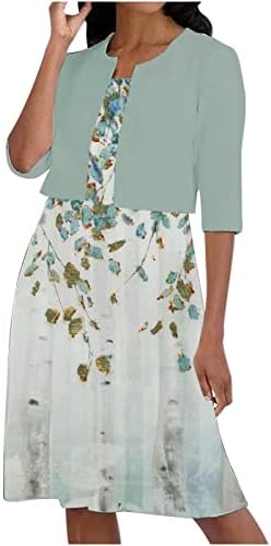 Женски обичен моден печатење на вратот со средна долга должина со две парчиња фустан