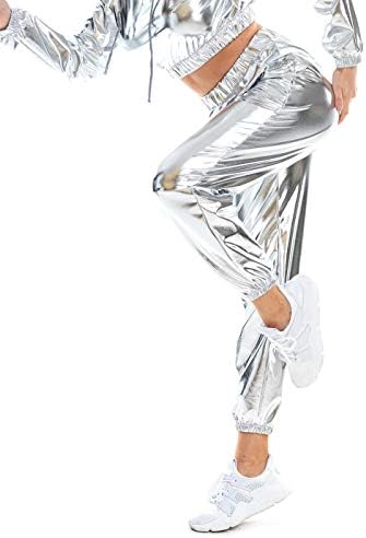 Siaeamrg жени сјајни метални високи половини затегнати панталони со џогер, со влажен изглед хип -хоп -клуб носат холографски панталони