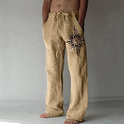 МИАШУИ Машки Ленени Панталони Машка Мода Секојдневен Памук и Печатени Џебни Панталони Со Врвки Панталони Со Големи Димензии Чино Панталони