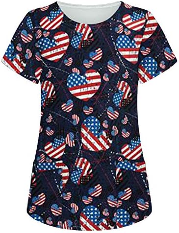 4 јули Кошули За Жени Американско Знаме Летен Краток Ракав В Маица За Вратот со 2 Џебови Блузи Празнична Секојдневна Работна Облека