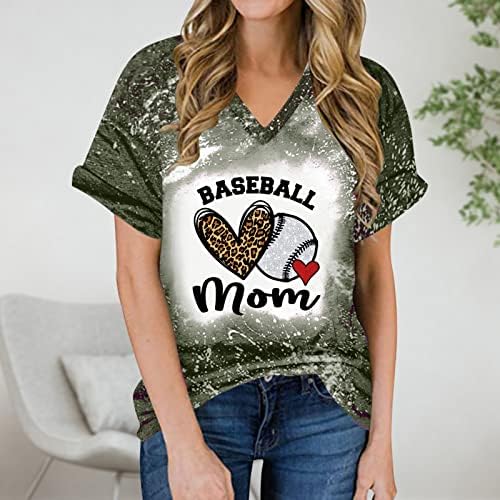 Бејзбол Мама Изветвена Маица Жените V Вратот Лето Блузи Краток Ракав Леопард Графички Потресени Маица Лабава Повик Блузи