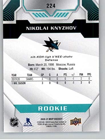 2020-21 Горна палуба MVP 224 NIKOLAI KNYZHOV RC ROCIE SAN HOSE AHARKS NHL Hockey Trading Card