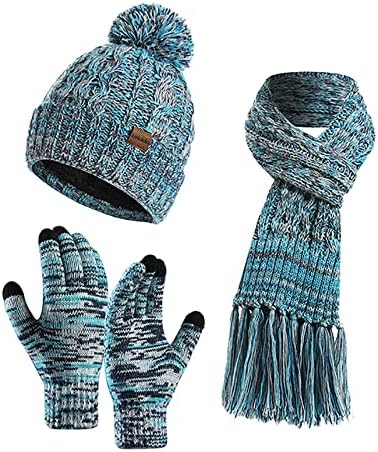 Womenените Пом Пом Бејни Шамија на шамија на допир нараквици поставени разнобојни зимски дебели ребрести плетени 3 парчиња митни комплети