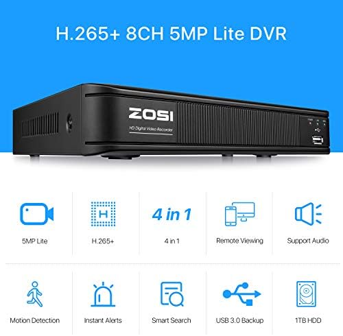 Zosi H.265+1080p Систем за безбедност на домашни камери, 8 канали 5MP Lite Надзор DVR со хард диск 1TB и 8 x 1080p водоотпорен CCTV