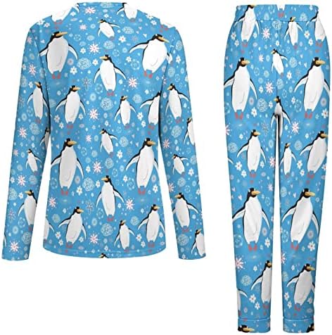 Љубов Симпатична Пингвини Женски Пижами Сет Мека Облека За Спиење Долги Ракави Дневна Облека Пјс Со Џеб