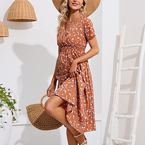 Женски бохо цветен принт фустан обичен краток ракав против вратот фустан моден проток на замав миди фустани летен фустан на плажа
