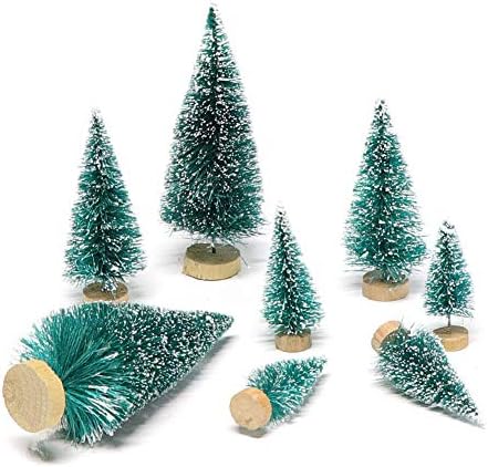 Sunreek 24 парчиња вештачки мини Божиќ сисал Снег мраз дрвја со дрвена база шише четки дрвја пластични зимски снежни украси