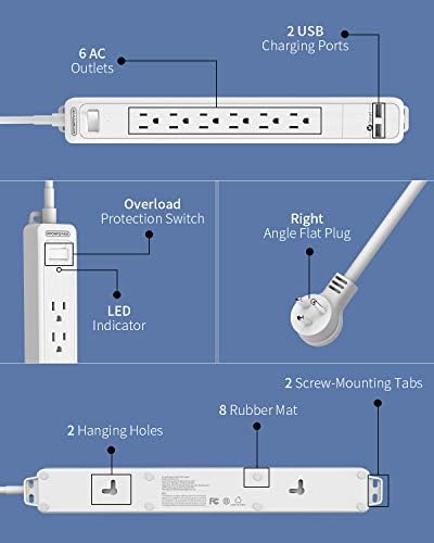 6 места за напојување на електрична енергија со 2 USB порти, 1875W рамен приклучок, лента за напојување, кабел за продолжување на тешки тешки,