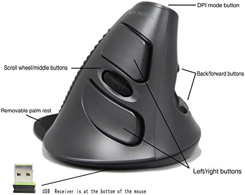 J - Tech Digital ® Скролувајте Издржливост Безжичен Глушец Verономски Вертикален USB Глушец Со Прилагодлива Чувствителност, Отстранлив
