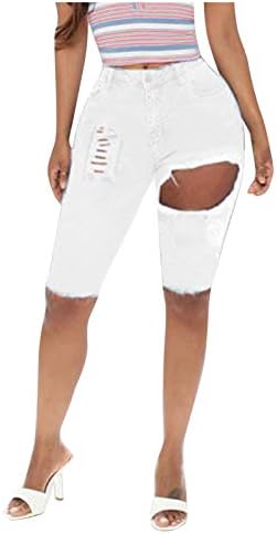 Lariau женски шорцеви тексас со висока половината, исечена долга предна тенка капри слаби тексас кратки панталони панталони