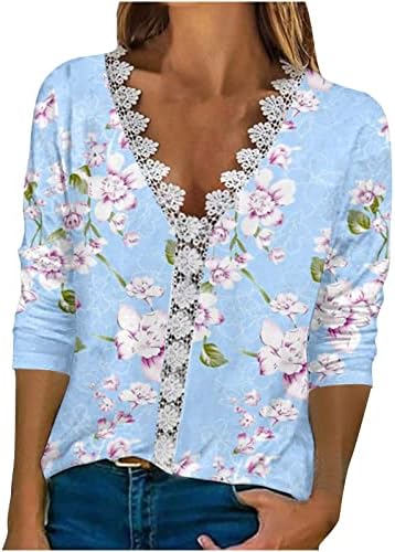 Женски летен елегантна маица против вратот од вратот од чипка кошули цветни печати 3/4 ракави, врвови на врвови 2023 година,