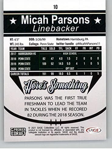 2021 Sage Hit Premier Draft Silver 10 Michah Parsons RC RC RC Penn State Nittany Lions Football Trading Card