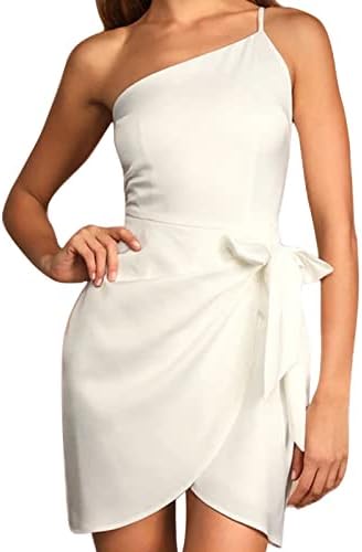 Miashui Mini облечен обичен женски летен фустан матурска фустан Неправилен рамо за појас тенок сатен бел фустан тенок фустан