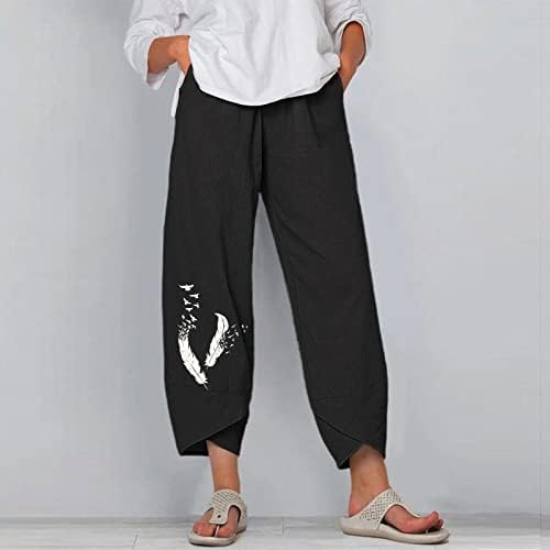 Pantsенски панталони во Етија Обични ситни жени цврсти обични панталони печатени панталони Еластични џебови на половината широки панталони