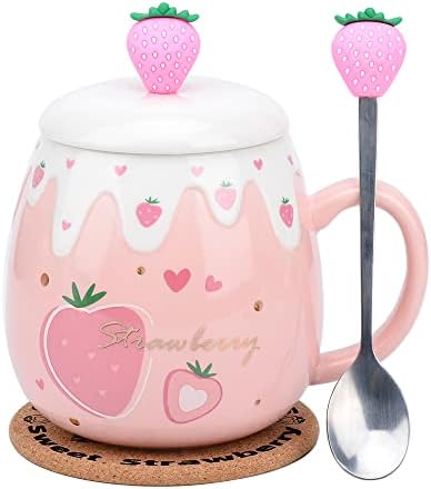 Розова кригла, чаша каваи јагода, симпатична керамичка кафе кригла со капак и прекрасна лажица, слатка костер, утринска чаша за новини, божиќен