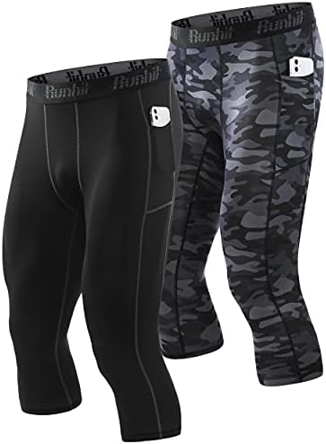 Рундиј 3/4 машки панталони за компресија со џебови, тренингот атлетски хулахопки хеланки атлетски основни слоеви долна облека