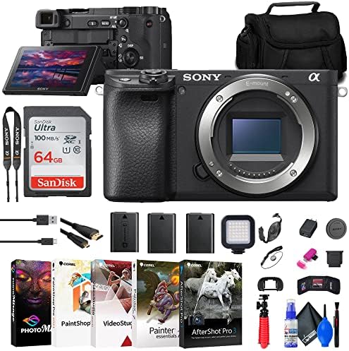 Sony A6400 без огледала камера + 64 GB картичка + 2 x NPF-W50 Батерија + читач на картички + LED светло + софтвер за фото-фото софтвер + Case