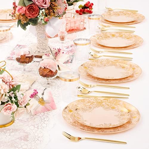 Суперски 180 парчиња розова и златна пластична вечера за вечера за Денот на мајката, златен пластичен лизгач, розови пластични плочи