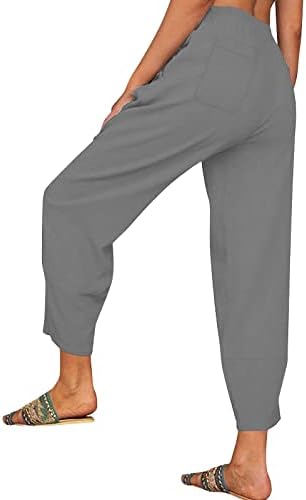 Женски исечени ленти панталони Еластично високо половината случајно лето лабаво вклопени широки панталони на глуждот со џебови со џебови