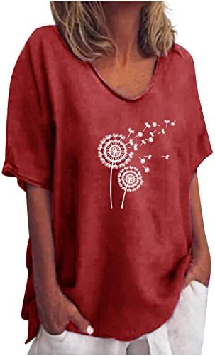 Женски памучни постелнини маички врвови трендовски глуварче печатени кратки ракави тунични маички обични лабави удобни о-вратови