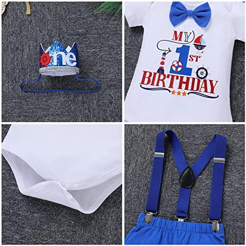 Замокот ИБТОМ Бебе момчиња Наутички прицврстувач 1 -ви роденденска торта Смаска облека Bowtie Romper + Sustanders + Панталони + Круна Фотосесија